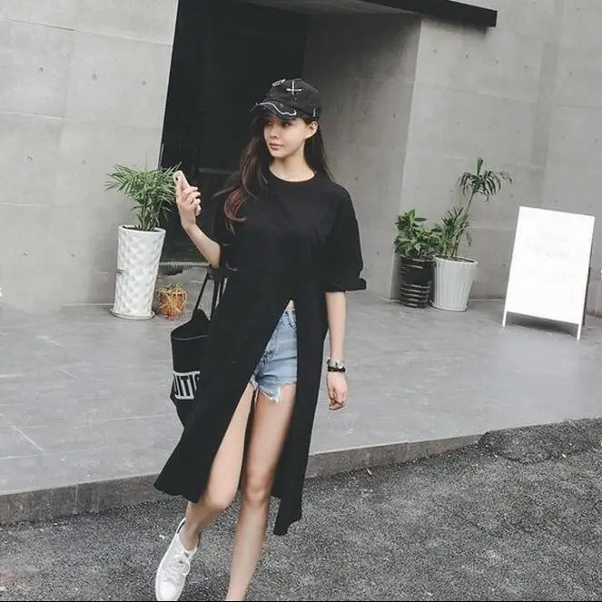 Women T-shirts 2023 Summer Short Sleeve O Neck Loose Tees Hem Slit Solid Color Chic Casual Streetwear Tops - 6