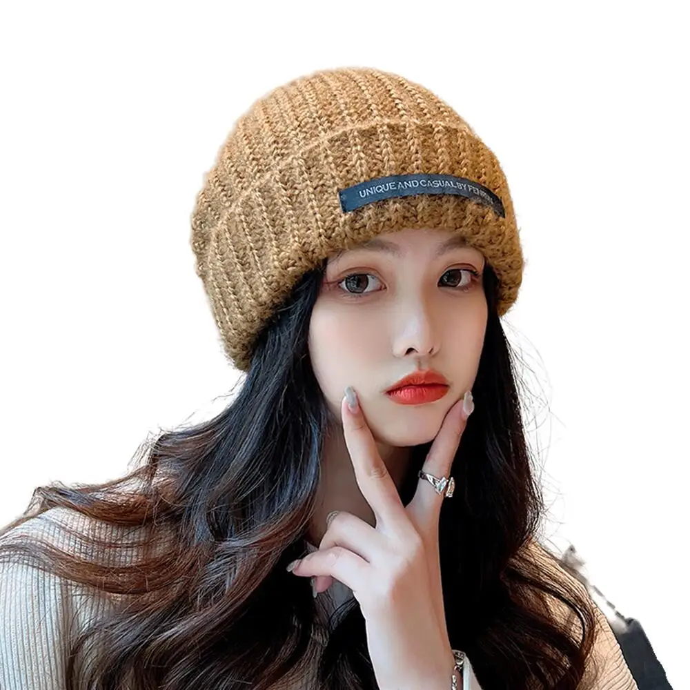 

2023 New Winter Wool Knitted Hat Women Fashion Patch Ear Protector Warm Beanies Hats Female Knitting Letter Bonnet Caps