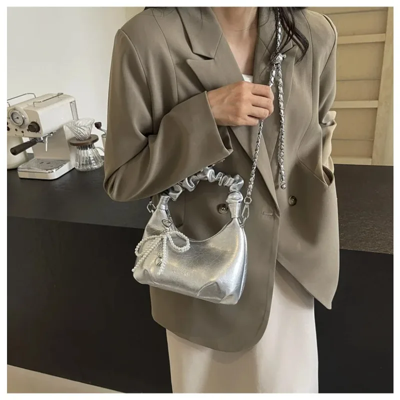 Y2K Underarm Bags for Women Girls Pleated Handle Design Ladies Pearl Bow Handbag Adjustable Strap Shoulder Crossbody Bag