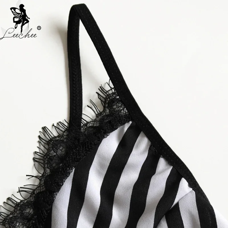 Leechee Sexy Striped Pajamas Women Deep V Home Clothes Bodysuit Sleepwear Comfortable Backless Lace Splice Body Shorts Nightwear