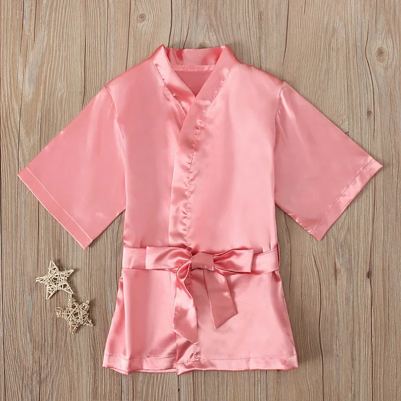 Children's Robe Solid Silk Satin Kimono Bathrobe Birthday Pyjamas Nightgown Kids Sleepwear Boy Girls Robes 12 Months -5 Years
