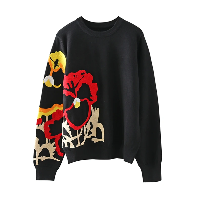 O, jumper bordado floral preto, suéteres soltos