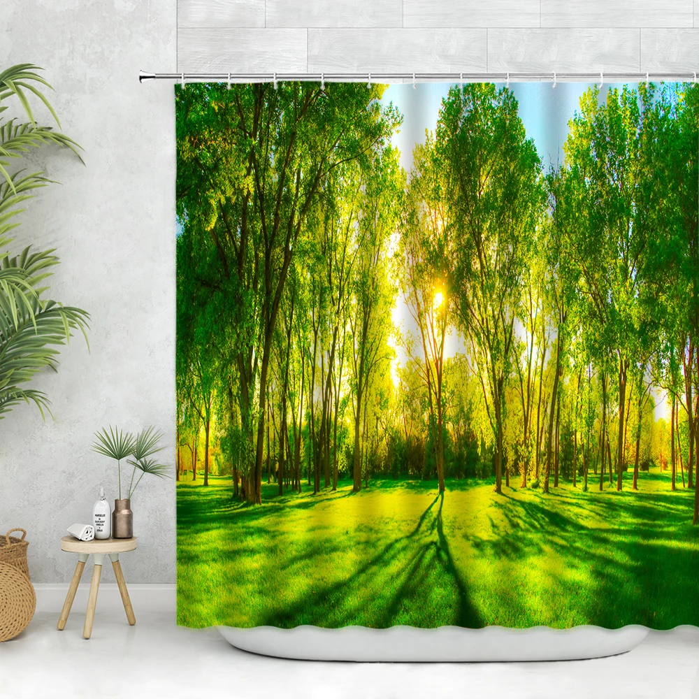 

Green Forest Scenery Shower Curtain Nature Sunshine Forest Bath Curtain Spring Sunlight Green Leaves For Bathroom Decor Curtains