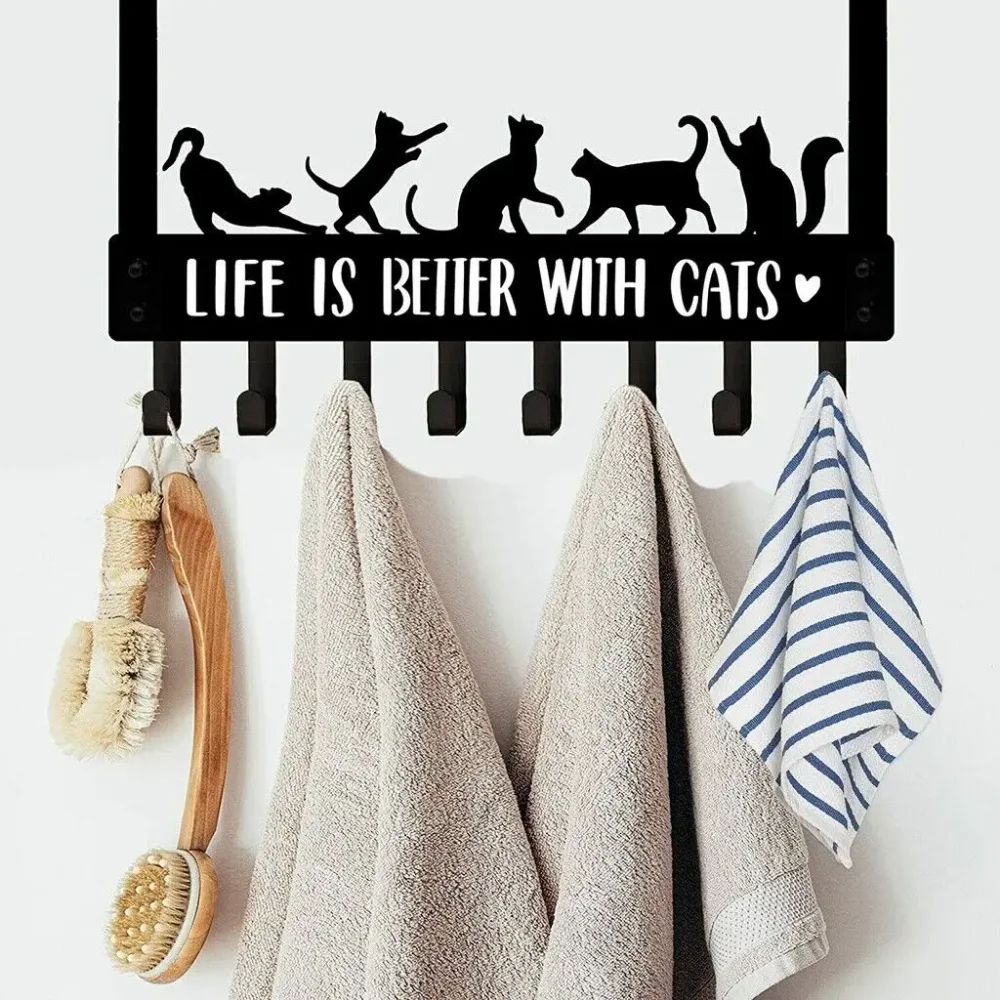 Black Cat Over The Door Hooks Hanger, 8 Hooks Decor Towel Coat Rack Organizer coat rack wall mount towel rack Iron Art 3