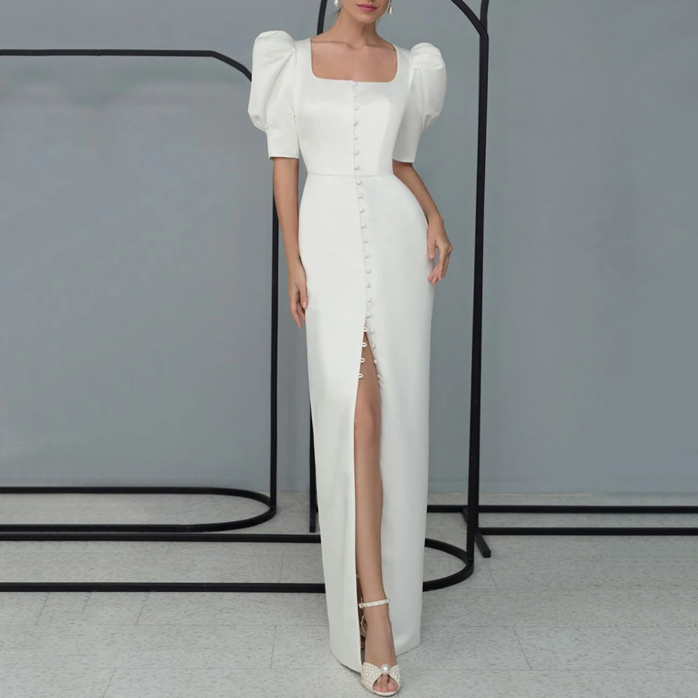 

Vintage Square Collar Wedding Dress Puff Half Sleeves Sheath Floor Length Bride Satin with Buttons Custom Made Bridal Gowns