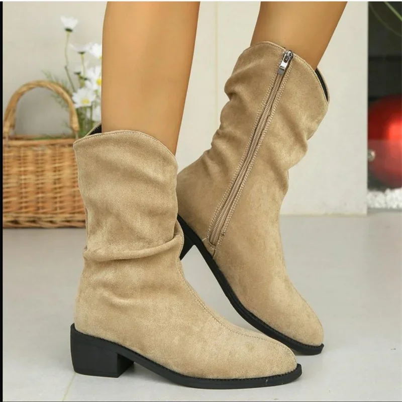 French Vintage Western Cowboy Boots Women's Large Stacked Boots Frosted Mid Barrel Short Boots Women