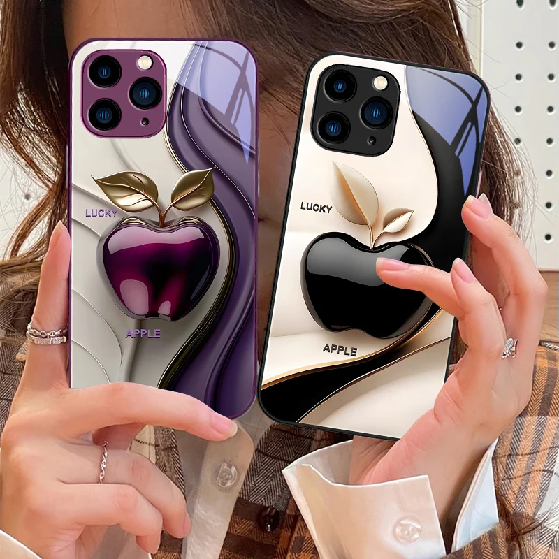 حافظة هاتف Happy Black Apple لهاتف آيفون 16e 16 E 16ProMax 15 Pro Max 14 13 12 Mini 11 XS Max XR 7 8 Plu SE من الزجاج المقسى