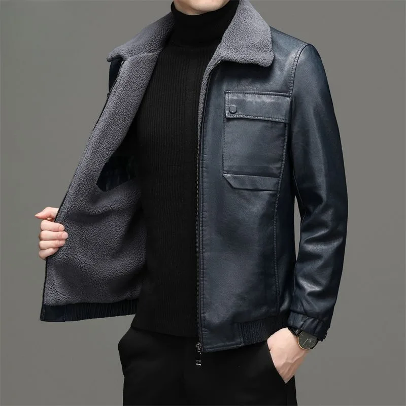 Winter New Men Fleece-lined Sheep Leather Jacket High-End Slim Fit Large Size Male Leather Coat Casual Solid Color Lapel Outwear