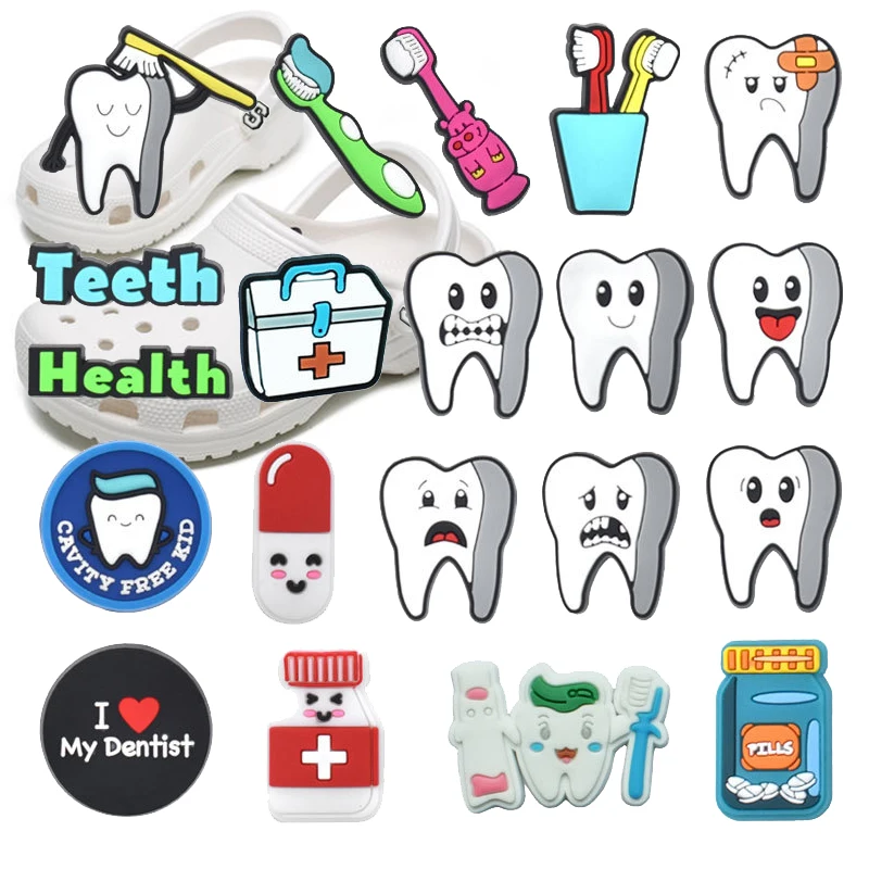 20p Tooth Care Pins Croc Charms Silicone Wristband Ornament Adult Health Teeth PVC Garden Shoes Lovely Medical Accessories Gifts