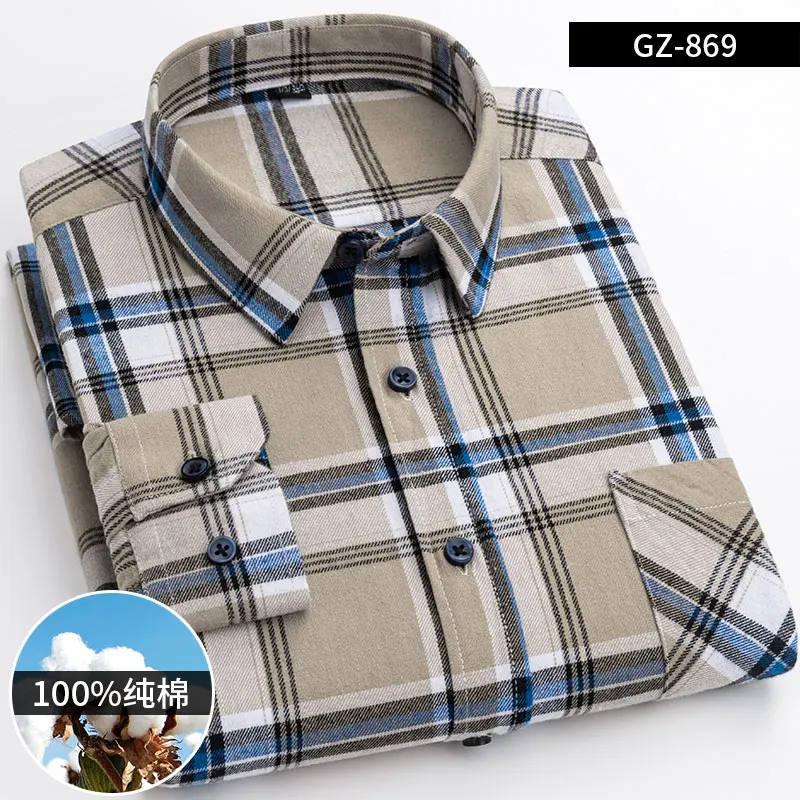 2023 New 100% Cotton Sanding Fabric  Men Casual Plaid Flannel Shirt Long-Sleeved Vintage Shirt Men\'s with Pocket