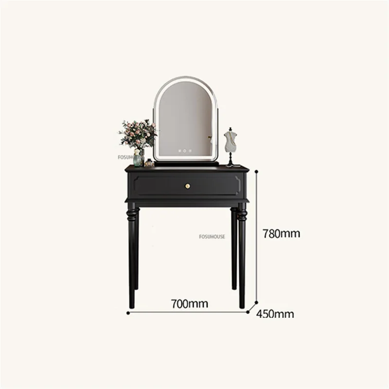 Description Picture 2 of itemAmerican Retro Solid Wood Dressing Table Small Apartment Bedroom Furniture Black Makeup Table Modern Vanity Table with Mirror Z