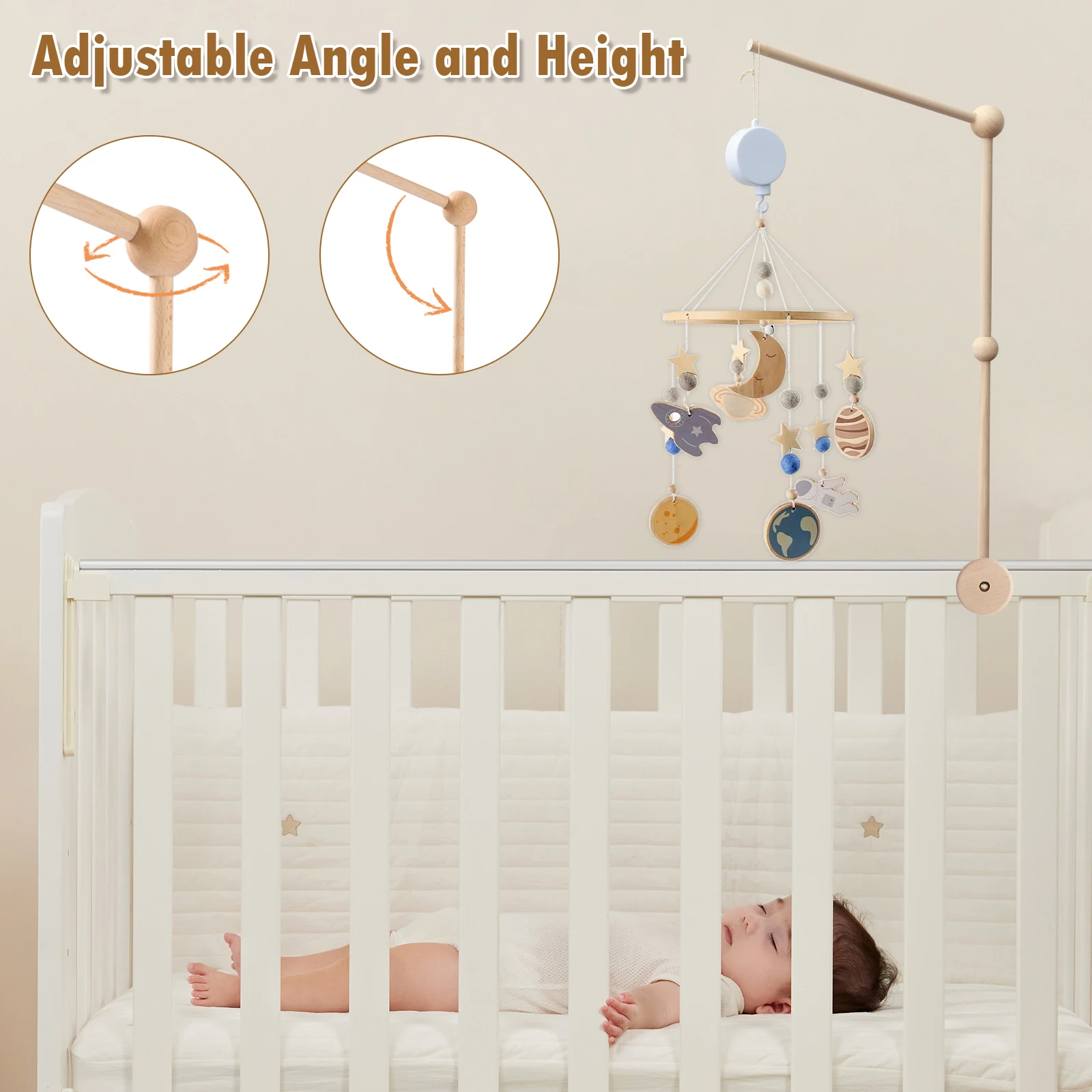 Baby Crib Mobile Arm Wooden Holder 27 inch Beech Hangers with Rotating Music Box Nursery Decor Attachment Safe Anti Slip Set