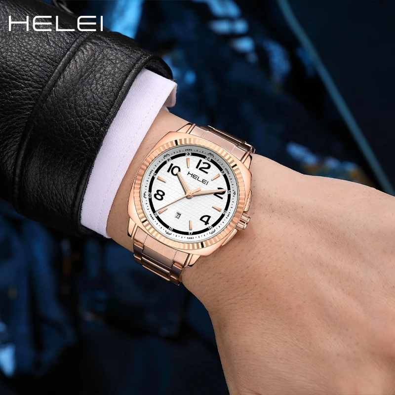 HELEI hot sale new men's watches men's large digital dial fashion quartz watch waterproof stainless steel strap gift for men