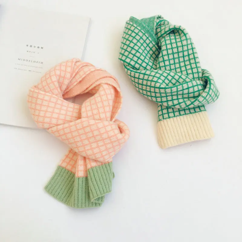 Korean Version Small Lattice Contrast Kids Woolen Scarf  Autumn Winter New Baby Girls Baby Boys Warm Scarf KF141