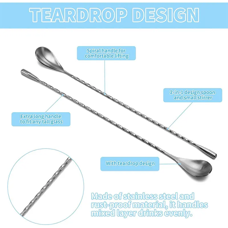 Stainless Steel Bar Spoon Cocktail Mixing Spoon Long Stirring Drink Stirrers Cocktail for Tea Coffee Ice Cream Juice