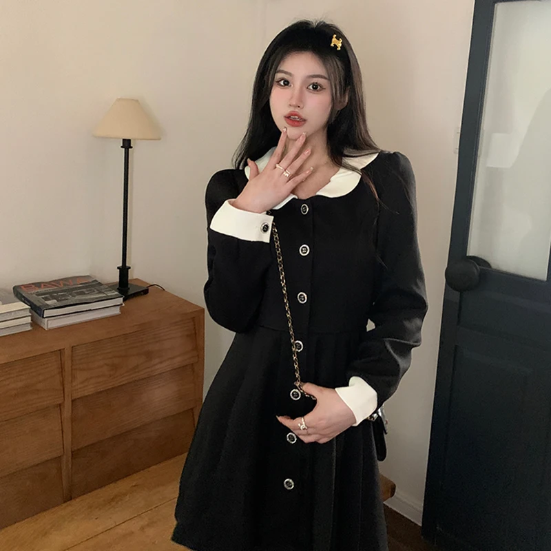 

Elegant black lapel dress women's Korean style peter pan collar long-sleeved Blazer dress slimming new long sleeve coat skirt