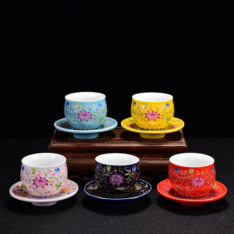

Kung Fu tea cup ceramic tea cup Master Cup personal cup enamel color tea set with coaster single tea bowl tea cup