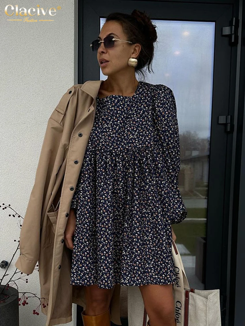 

Clacive Casual Loose Print Women'S Dress Fashion Square Collar Long Sleeve Mini Dresses Elegant High Waist Pleated Female Dress
