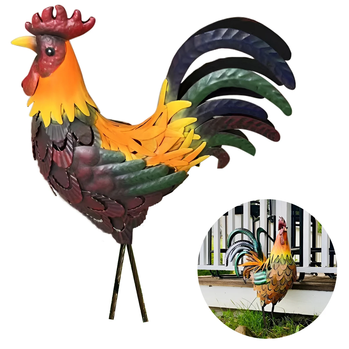 

Garden Iron Rooster Sculpture Rust-Proof Iron Chicken Carved Sculpture Standing Animal Lawn Ornament for Patio Backyard