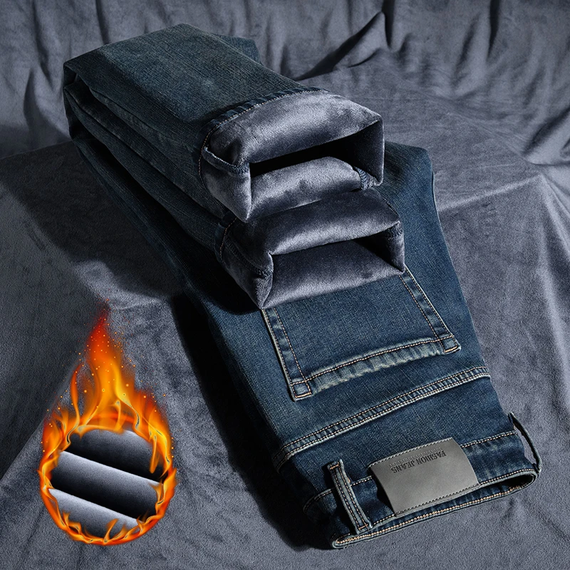Winter Warm Jeans Men's Fashion Retro Blue Thickened Loose Straight Pants Brand Business Casual Stretch Washed Denim Pants 1