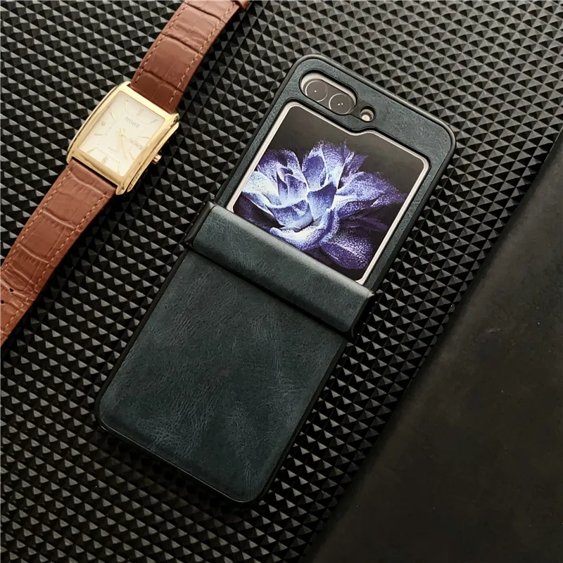Leather Phone Case For Samsung Galaxy Z Flip 3 4 5 5G Solid Color Stand Hinge Protective Flip5 Shell Cover