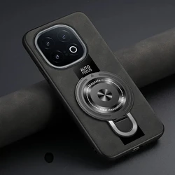 Sheepskin Leather Wireless Charging Magnetic Ring Holder Shockproof Phone Case for Vivo iQOO Z10 Turbo Pro (Black)