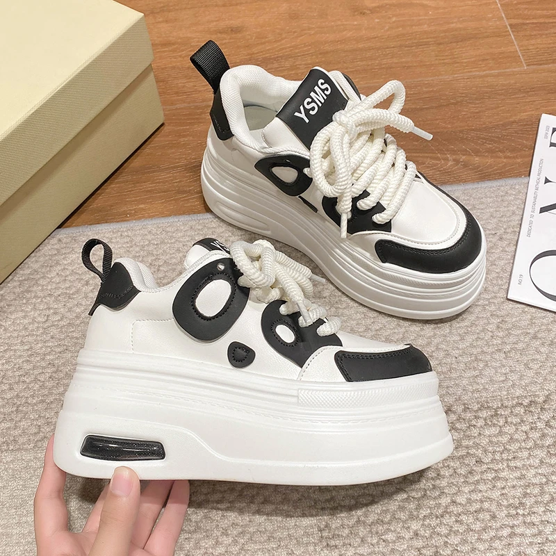 Black White Color Matching Sneakers for Women's Spring Autumn Lace