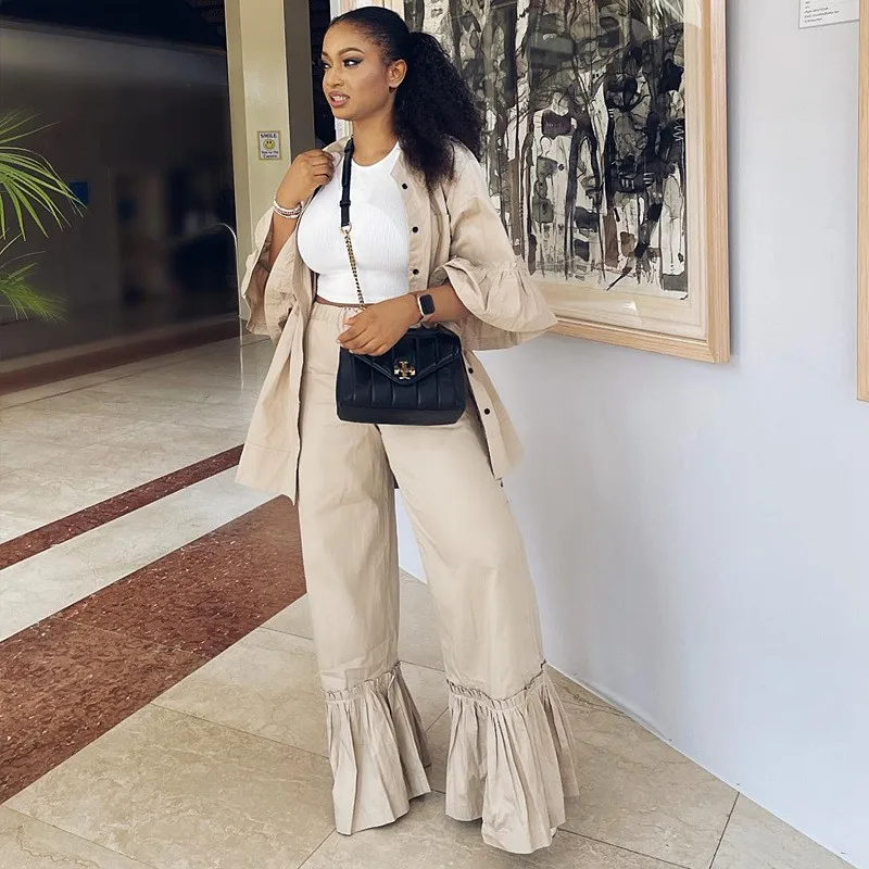 

2 Piece Women Set Dashiki African Flare Sleeve Shirt Blouse Top And Pants Suits Outfits Fashion Office Lady Matching Sets Outfit