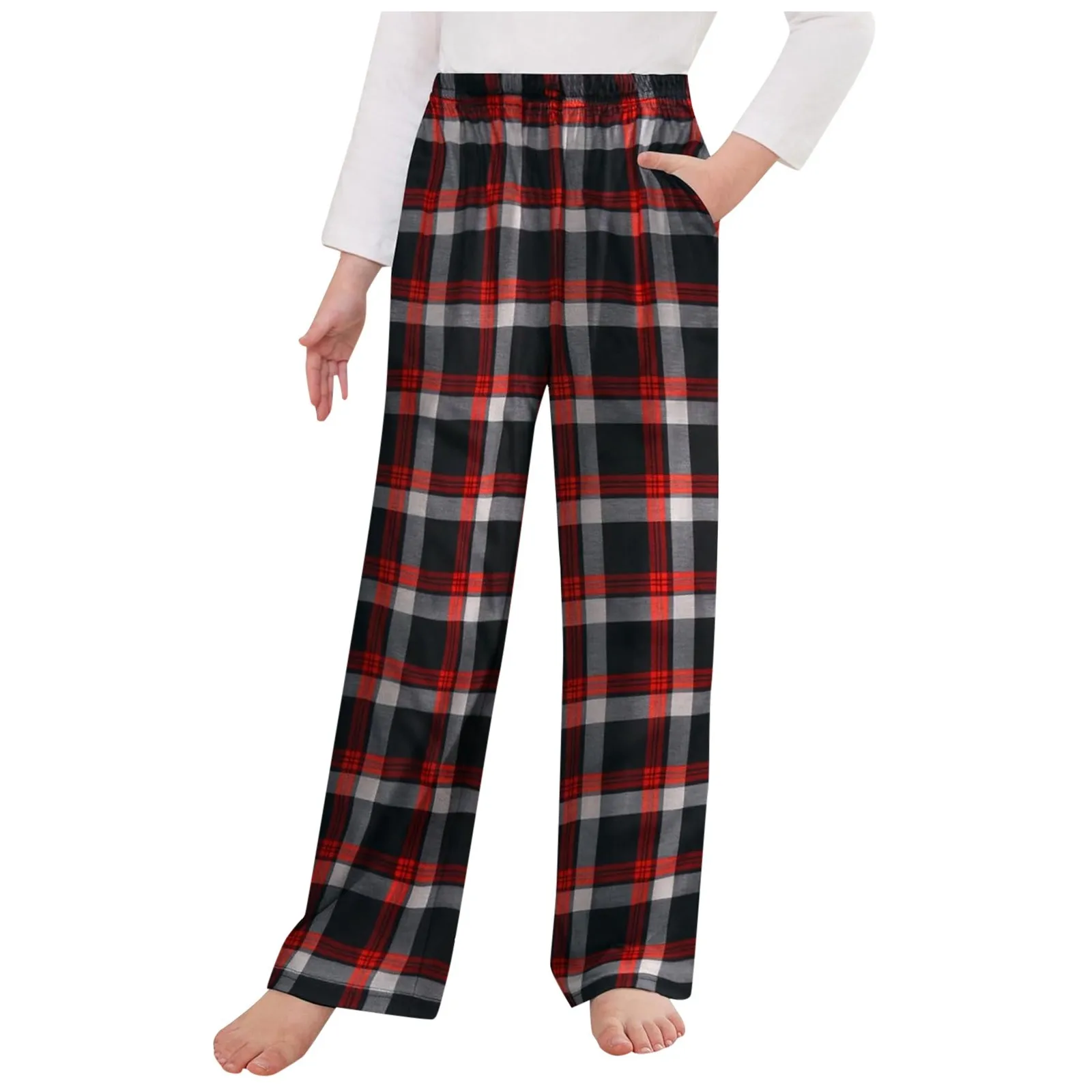 Y2k Style Autumn Plaid Print Pajamas Pants For Kids Girls Straight-Leg Soft Pj Bottoms Elastic Waist Block Color Homewear Pants