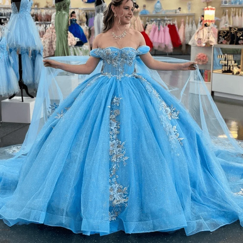 

Blue Shiny Sweetheart Quinceanera Dress Ball Gown With Cape Appliques Lace Beads Sweet 16 Vestidos De Fiesta