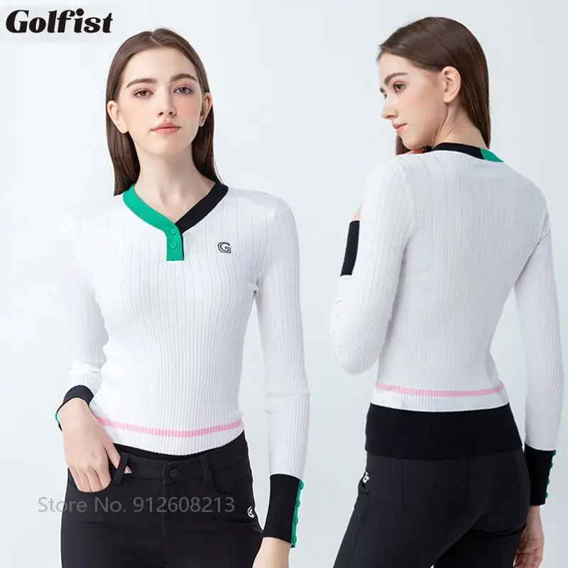 

Golfist Autumn Winter Ladies Golf Sweater Long-sleeve Knitted Golf Shirt Women Korean Slim Pullover Casual Tops Button V Neck