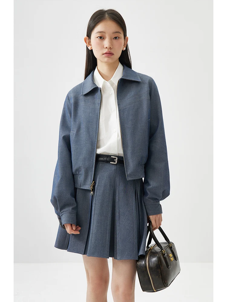 ZIQIAO Reversible Two-color 2024 Spring Short Jackets Polo Neck Zipper Placket College Style Women Coats 24ZQ91087