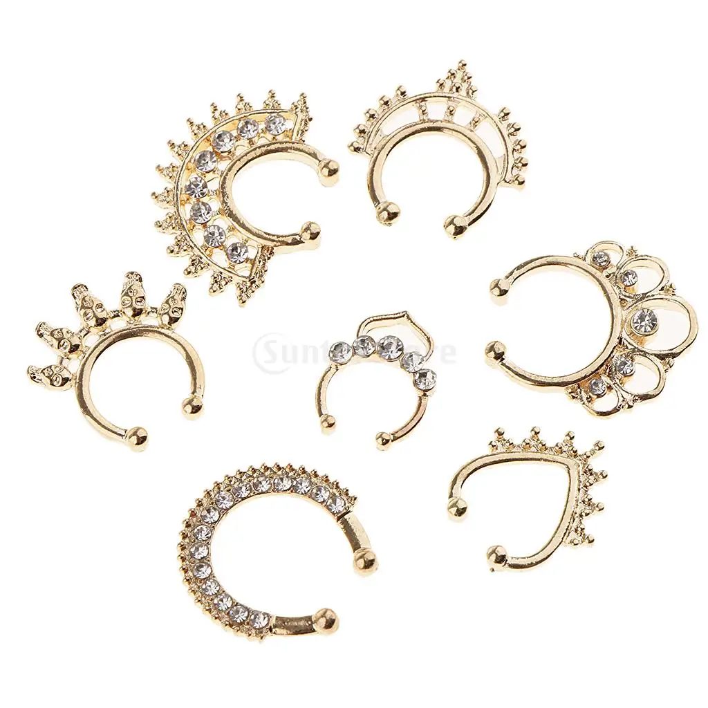21pcs Nose Fake Septum Ring Clip On Body Jewelry Faux Hoop Ring Rhinestone