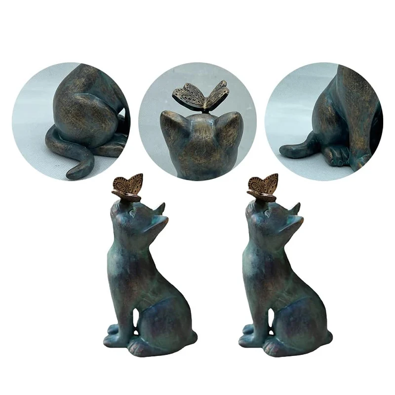 Statue De Jardin Chat Curieux Et Papillon - Résine, 11.5x10.5x20 Cm, Décor Extérieur/intérieur