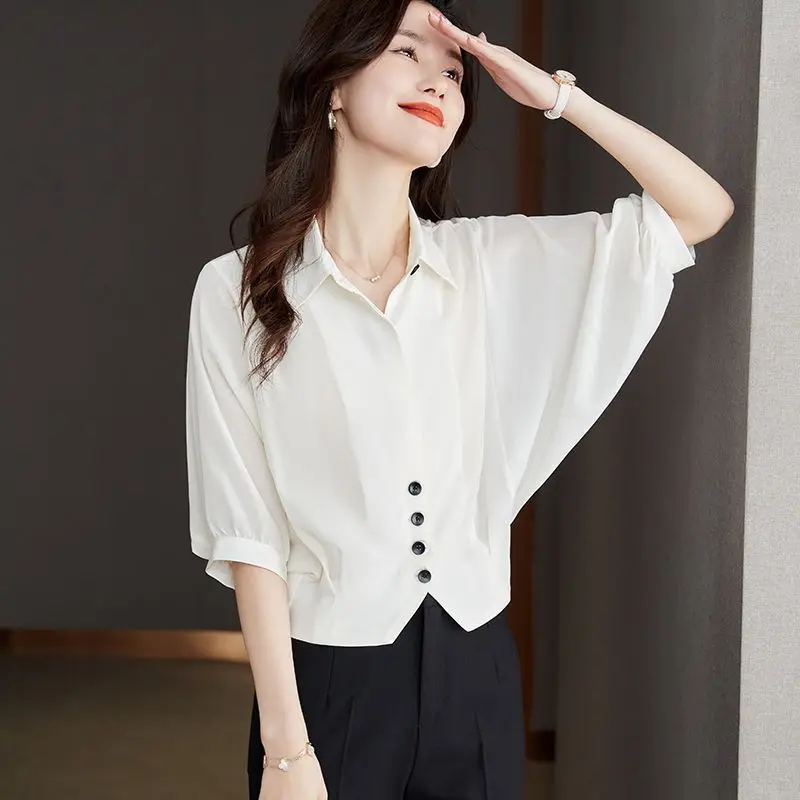 High End Bat Shirt Top Women's Shirt Loose Slim Covering Flesh Upscale Button Design Casual Polo Collar Solid Color Shirt