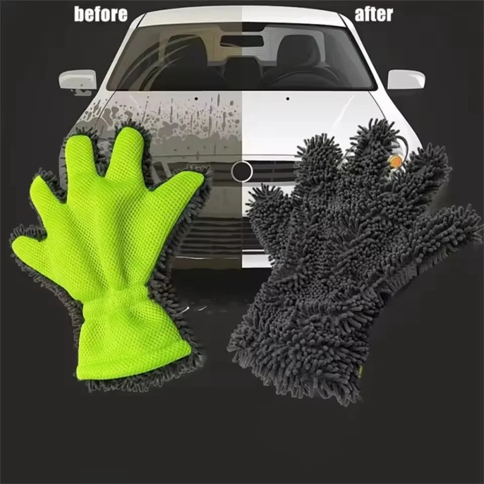 Hot Car Washing Gloves Double Sided Microfiber Five-Finger Cleaning Gloves Multifunction Car Motorbike Tire Detail Clean Tool