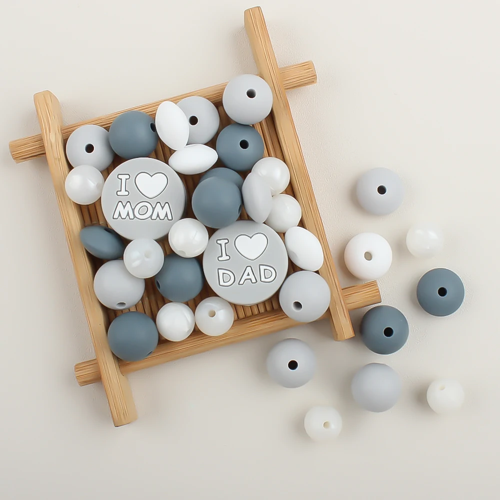 34Pcs/Set Silicone Beads I Love Mum and Dad Round Chew Beads Set Food Grade For Jewellery Making DIY Pacifier Chain Accessories 5