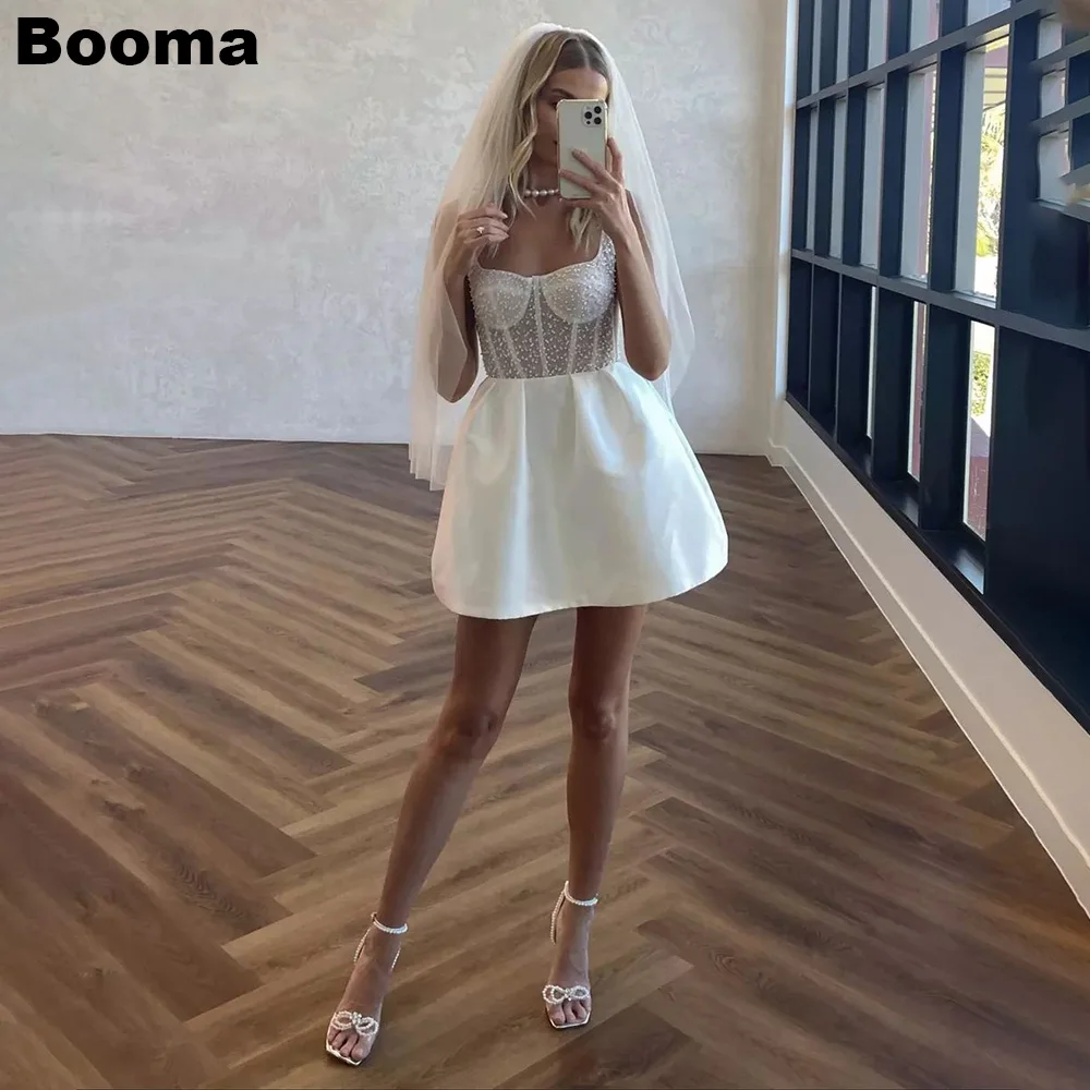 Booma Short Wedding Dresses Straps Sweetheart Pearls Mini Bridals Gowns for Wedding Prom Cocktail Party Dress Plus Size Outfits