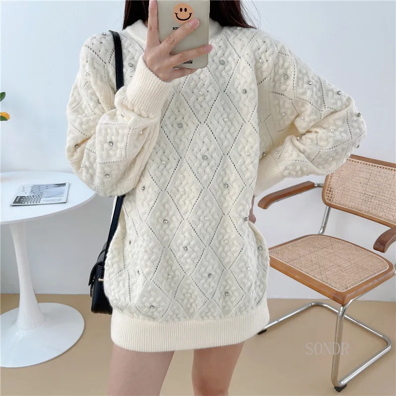 

Argyle Plaid Beaded White Sweater Women Long Oversized Pullover Lazy Oaf Jumpers Korean Fashion Sweater Pullover Knitwear Tops