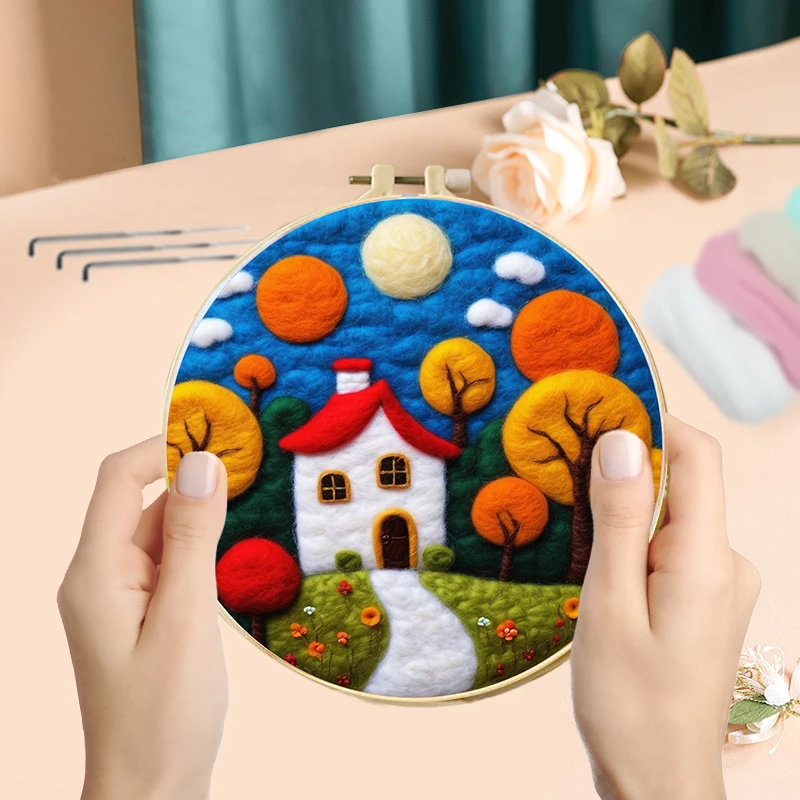 GATYZTORY 20x20cm Wool Felting Painting Kit Kit House Landscape Funny Diy Felt Crafts Package Felt Needle For Handicraft