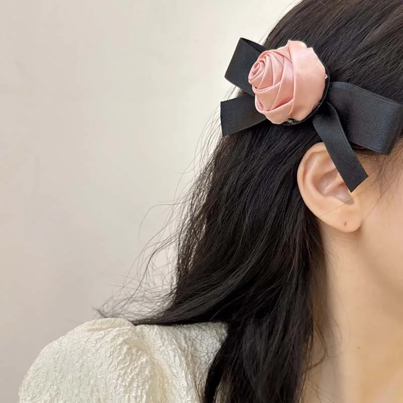 ヘアアクセサリー Rose Bow Hair Clip Korean Pink Rose Bow Hair Clip for Women Vintage Elegant Solid
