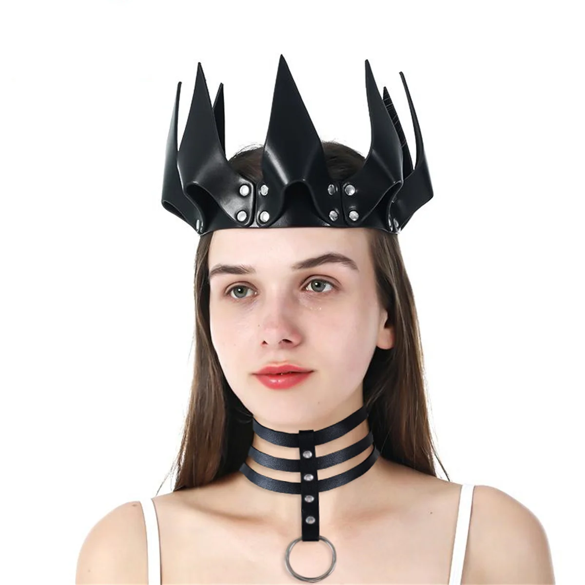 

Gothic Halloween Girl Crown Pu Leather Mask Collar Anime Devil Mask Halloween Festival Role Playing Props