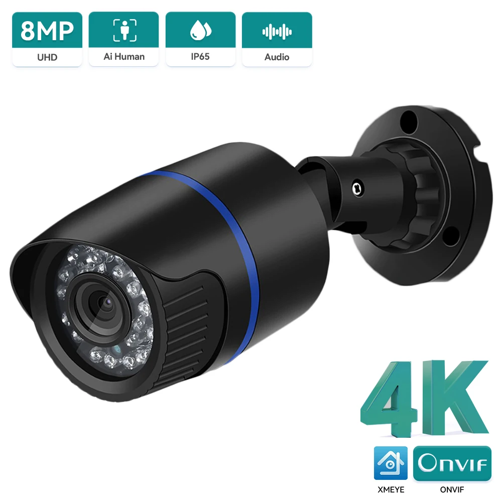 Câmera Web Bullet Outdoor impermeável, Nuvem XMeye, Gravação de áudio, Detecção de movimento, 8MP, 4K Ultra HD, IP, 5MP, H.265