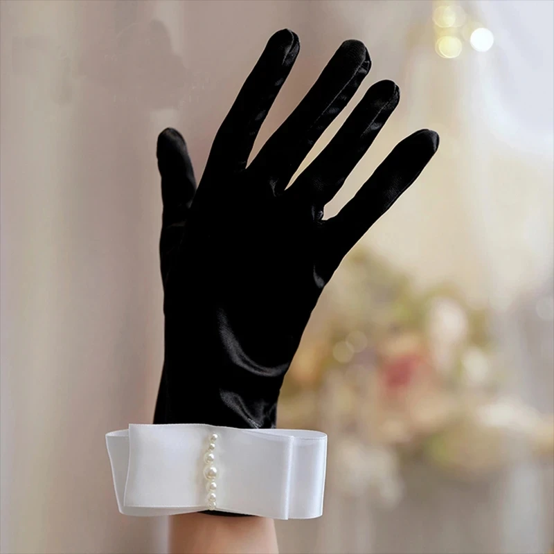 

Original Vintage Gloves Black Satin Short Thin Bowknot Stage Banquet Bride Accessories Lady Birthday Photography Mittens T270