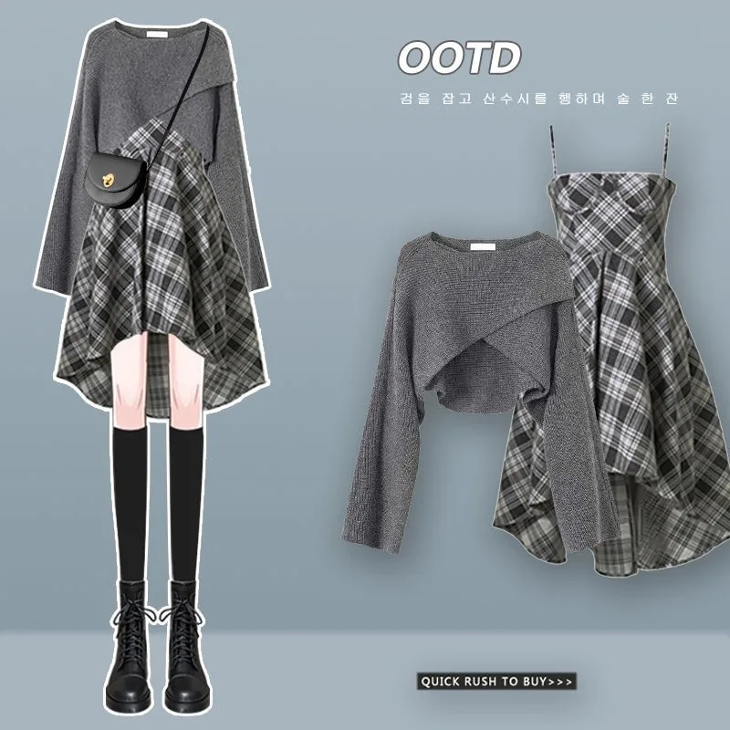 Tanie Damski zestaw sukienka 2023 wiosna jesień Vintage sweter z dzianiny + Plaid sklep