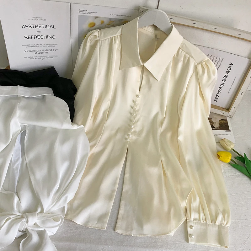 

Korean Style Loose Slimming Glosssy Split Bow Lace - up Top Women ＇ s Autumn and Lapel Long Sleeve Bottoming Shirt Fashion