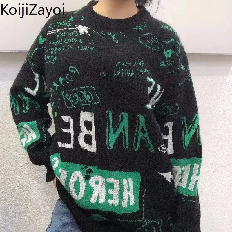 

Koijizayoi Letters Print Women Casual Loose Sweater Office Lady Vintage Autumn Winter Thick Warm Pullovers O Neck Korean Jumper