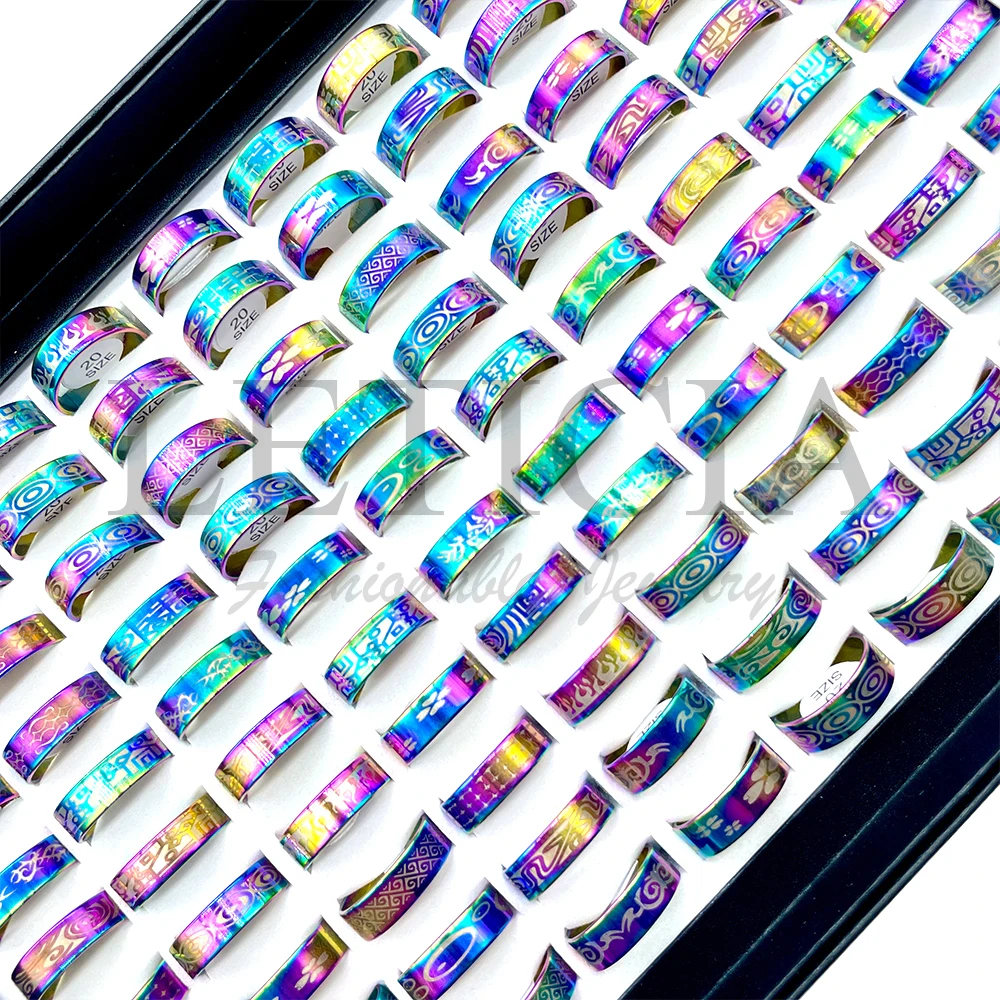 

50/100pcs Fashion Multicolor Stainless Steel Rings Mixed Pattern Style Matte Brushed Luxury Men's Jewelry Accessories Birthday