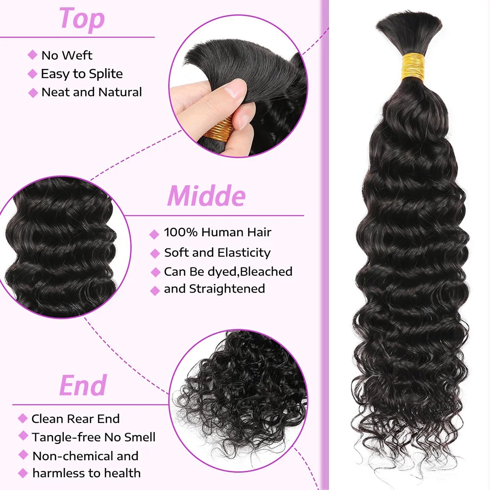 Human Hair Extensions Bulk Braiding Hair Deep Wave 100% Human Hair Unprocessed Boho Braids No Weft Natural Black 50G/Pack
