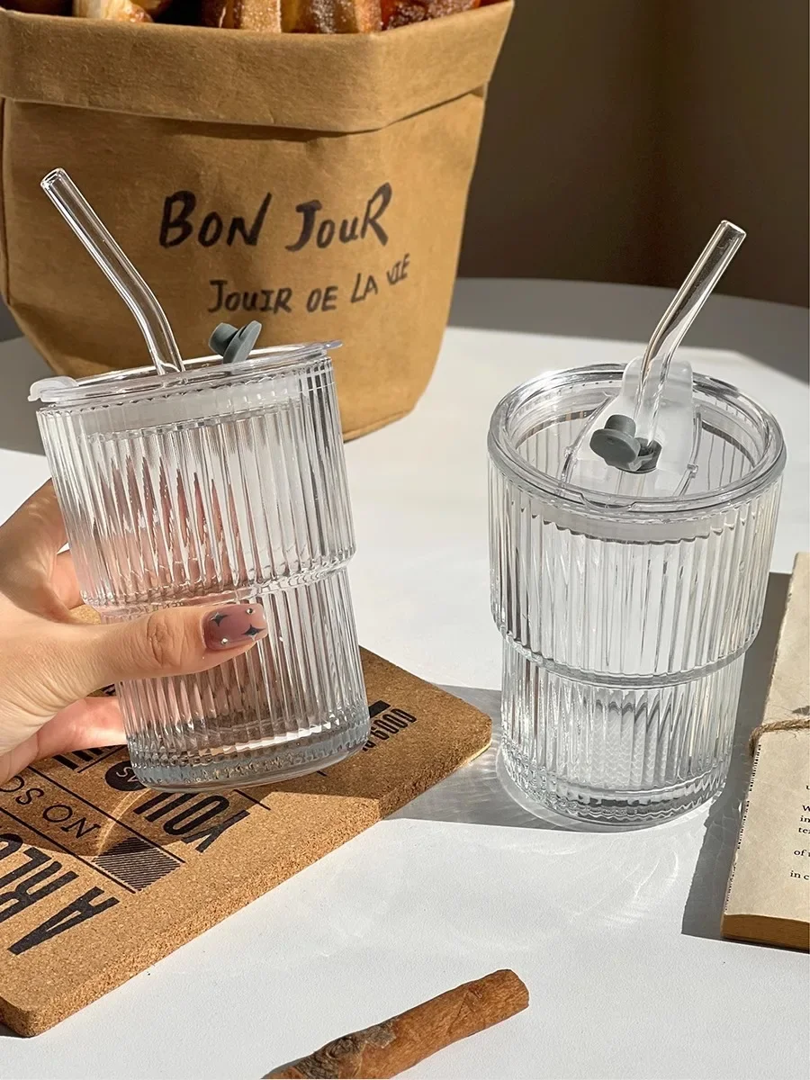 Description Picture 2 of item1/2PCS 450ml Stripe Glass Cup Transparent Glasses with Lid and Straw Ice Coffee Mug Tea Cup Juice Glass Milk Water Cup Drinkware